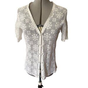 Vtg White Crochet Knit Button-Front Cardigan M With Floral Design Short Sleeves